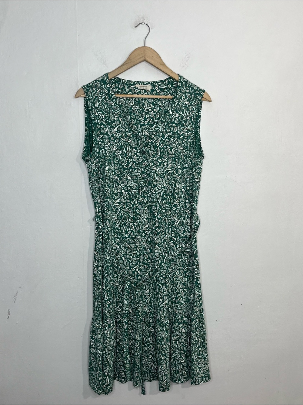 WoolOvers Abstract Leaf Fern Green White Notch Neck Dress Size 12